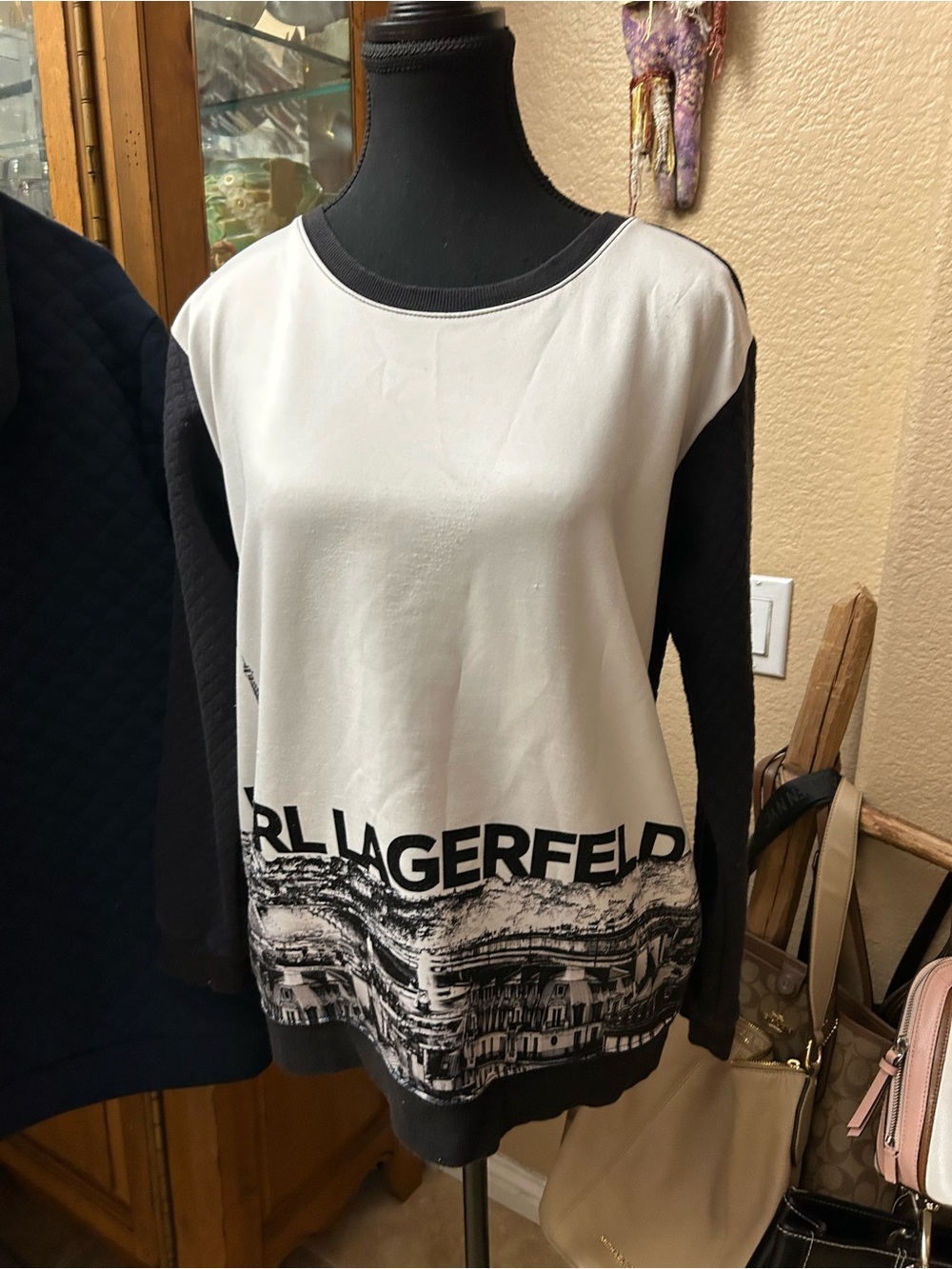 Karl Lagerfeld Black and White Crewneck Graphic Sweater